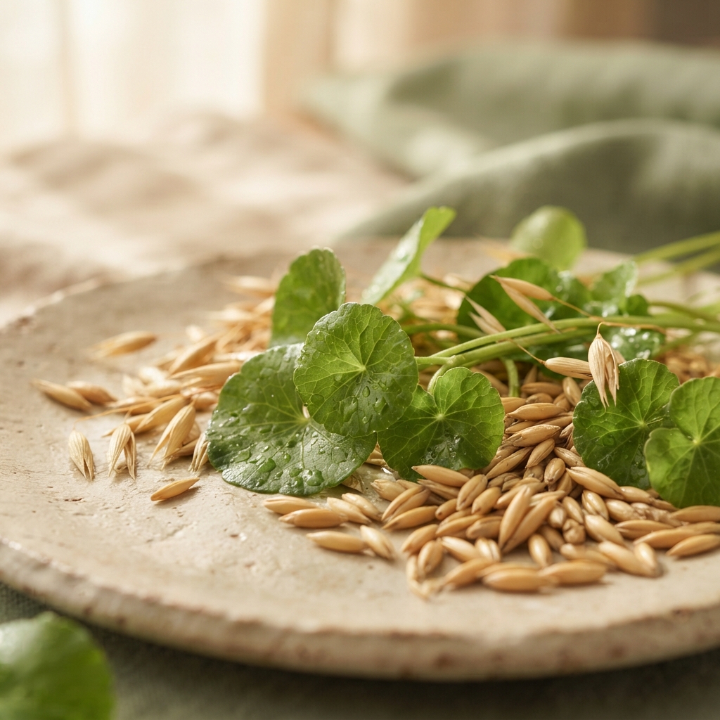 Macro photography of fresh botanical Centella Asiatica (Cica) and Oat
