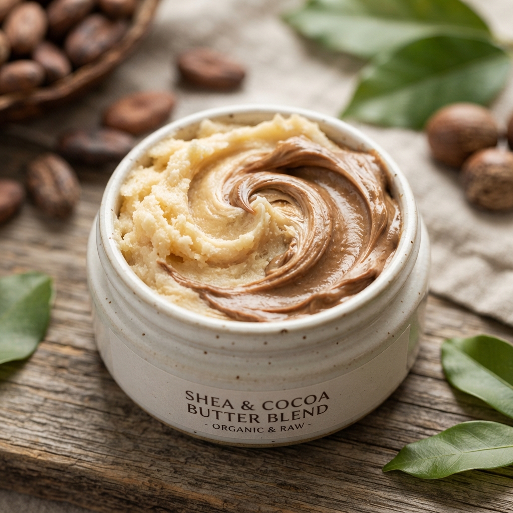 Macro photography of whipped organic raw shea butter and rich botanical extract